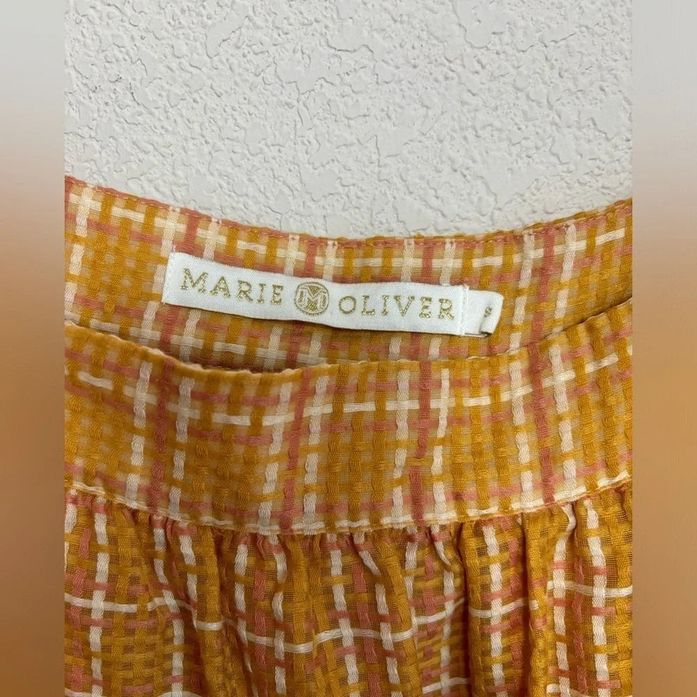Marie Oliver Silk Blend Puff Sleeve Kaylee Dress in Desert Orange Plaid S